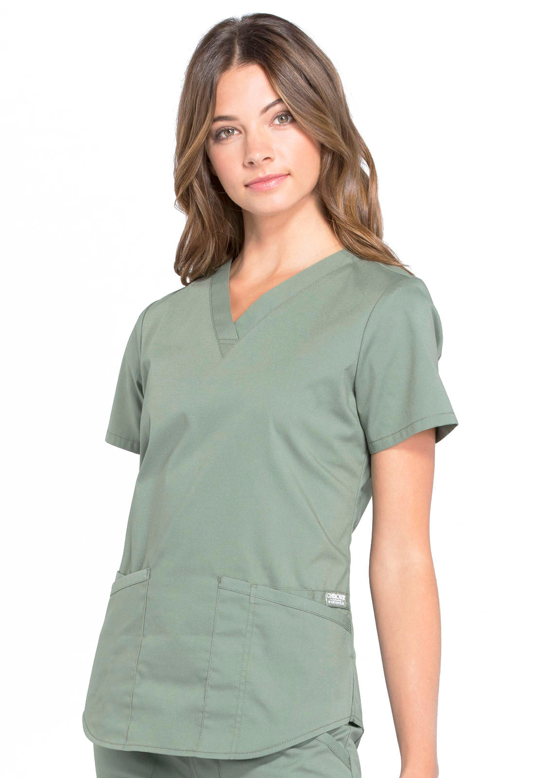 Professionals WW665 V-Neck Top Olive Model Image Right Side | Cherokee Workwear