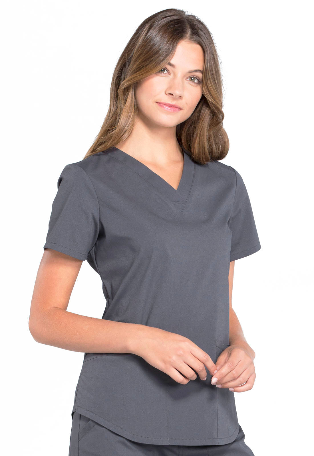 Professionals WW665 V-Neck Top Pewter Model Image Left Side | Cherokee Workwear