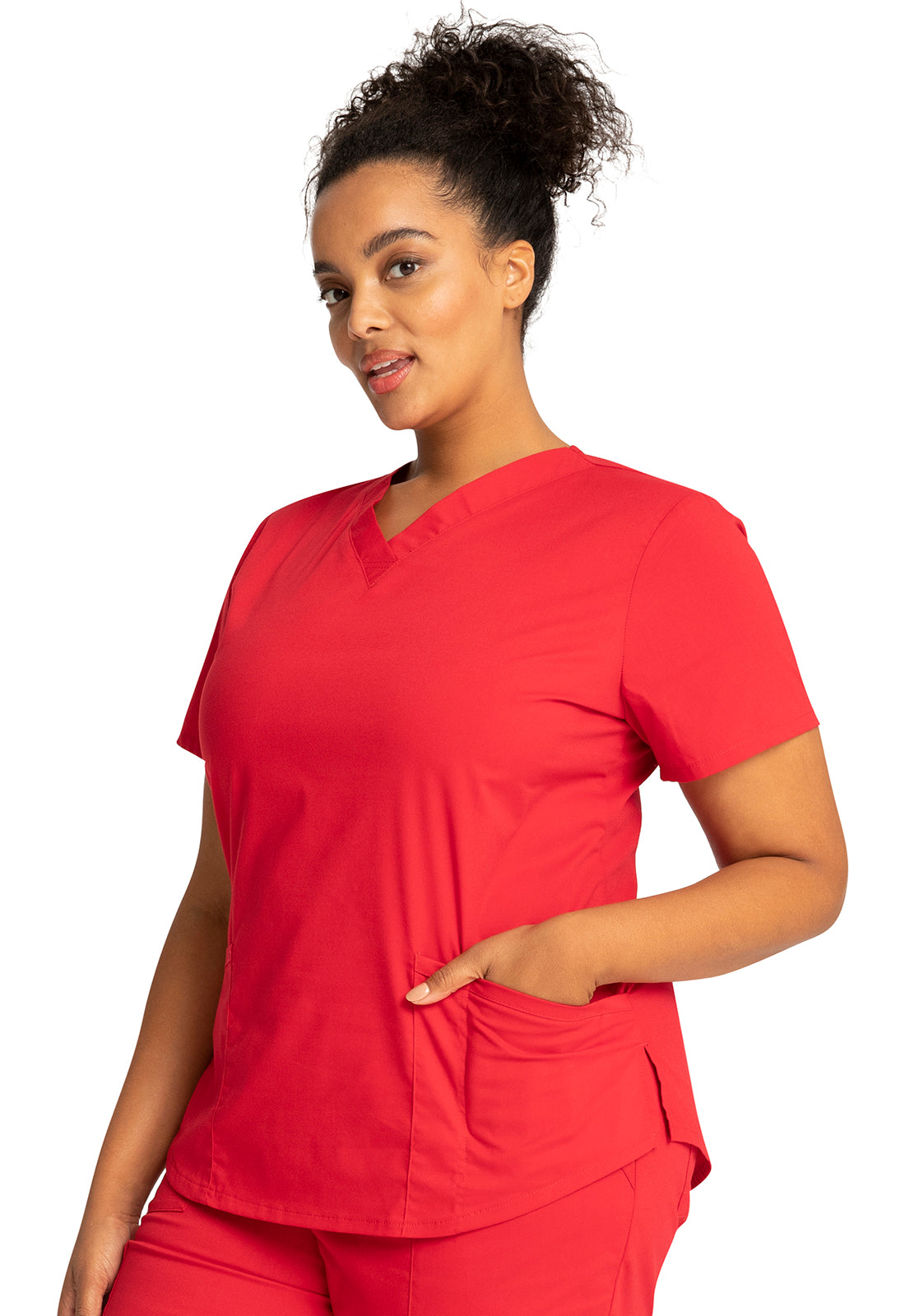 Professionals WW665 V-Neck Top Red Model Image Right Side | Cherokee Workwear