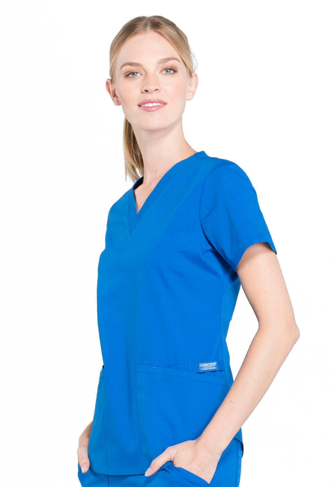 Professionals WW665 V-Neck Top Royal Model Image Right Side | Cherokee Workwear