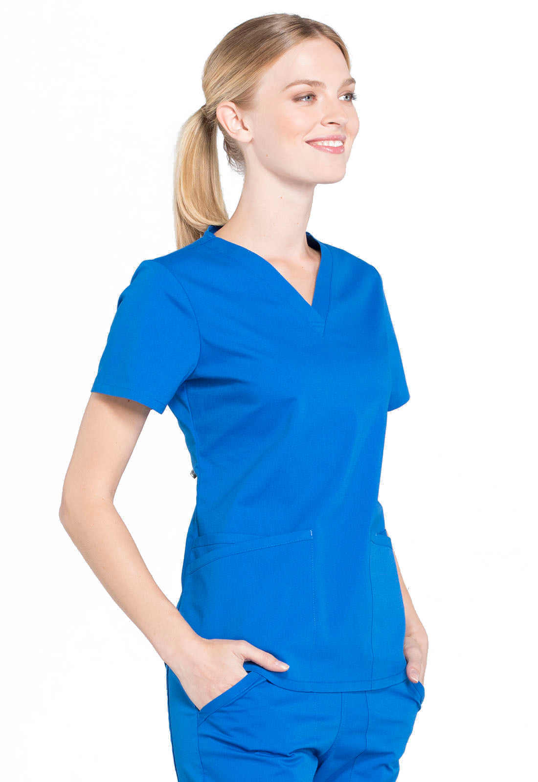 Professionals WW665 V-Neck Top Royal Model Image Left Side | Cherokee Workwear