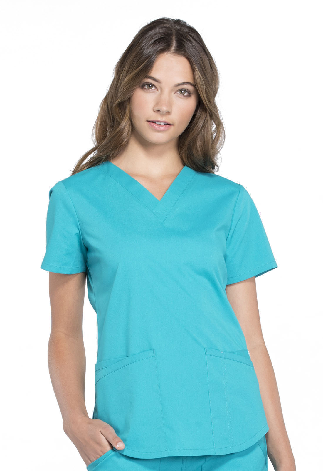 Professionals WW665 V-Neck Top Teal Blue Model Image Front | Cherokee Workwear