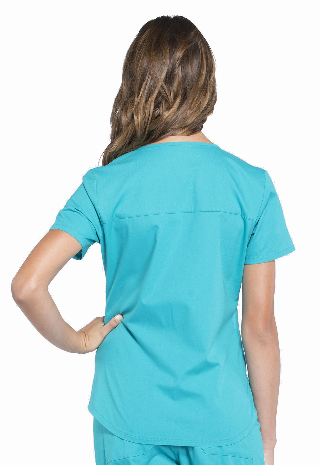 Professionals WW665 V-Neck Top Teal Blue Model Image Back | Cherokee Workwear