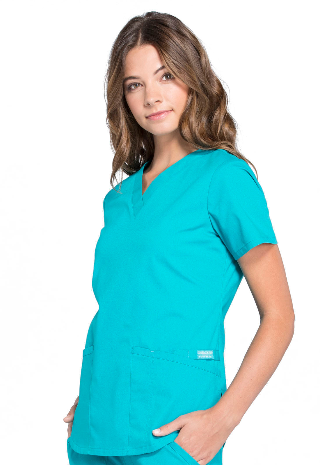 Professionals WW665 V-Neck Top Teal Blue Model Image Right Side | Cherokee Workwear