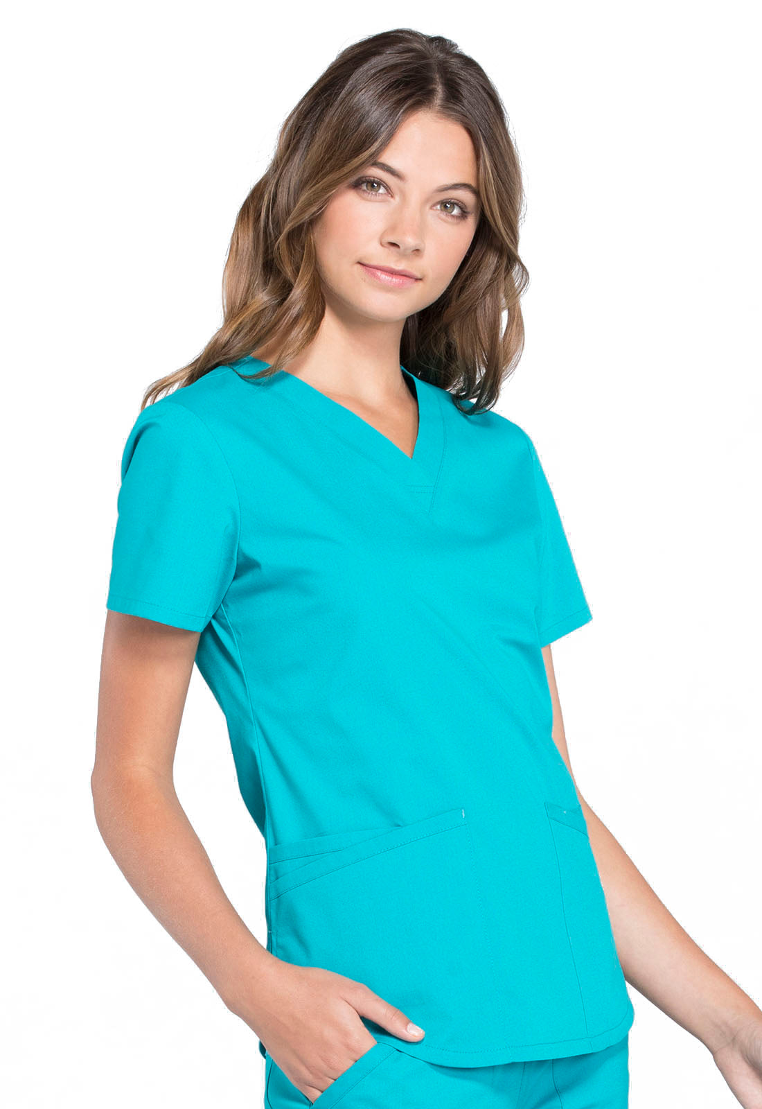 Professionals WW665 V-Neck Top Teal Blue Model Image Left Side | Cherokee Workwear