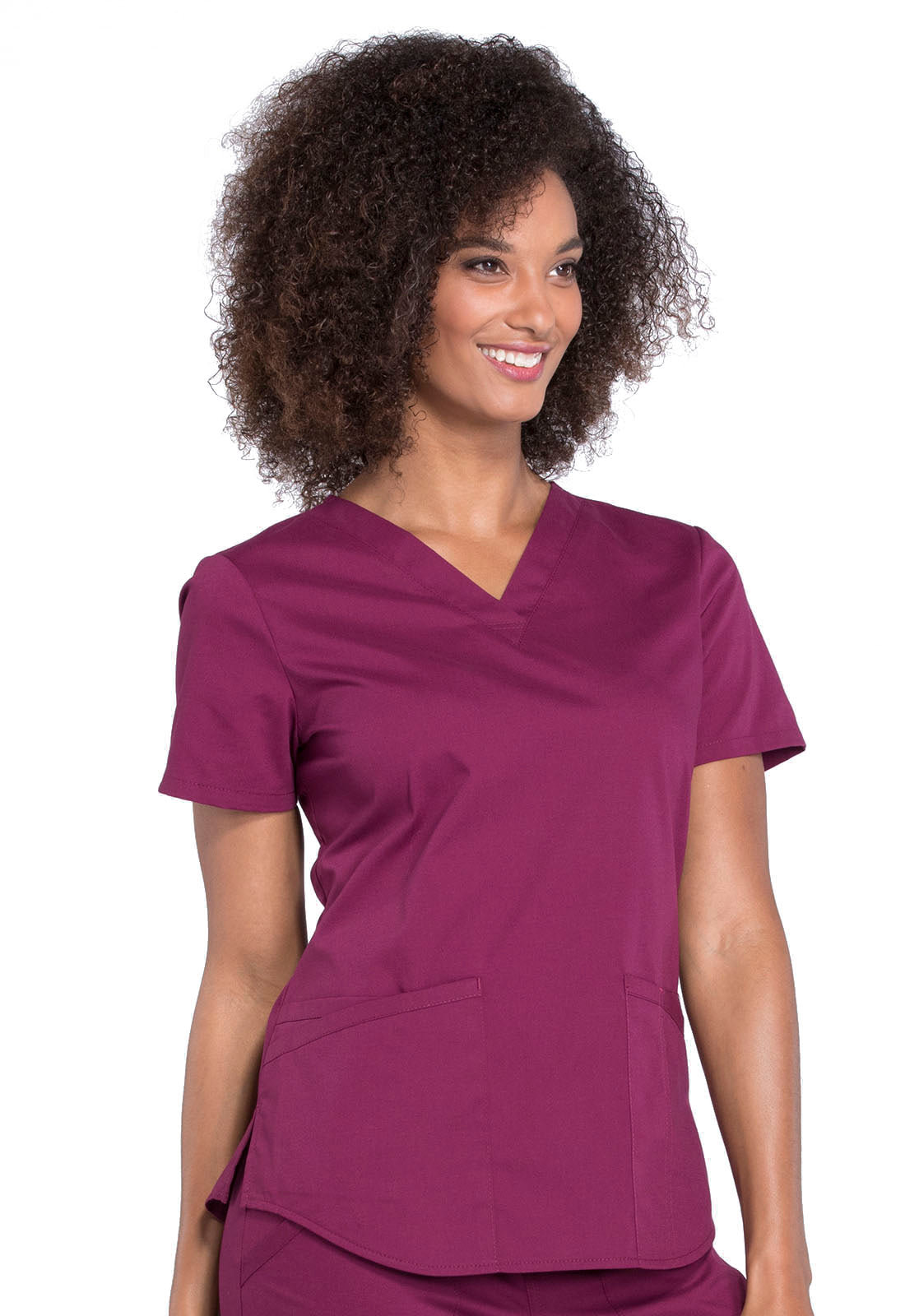 Professionals WW665 V-Neck Top Wine Model Image Left Side | Cherokee Workwear