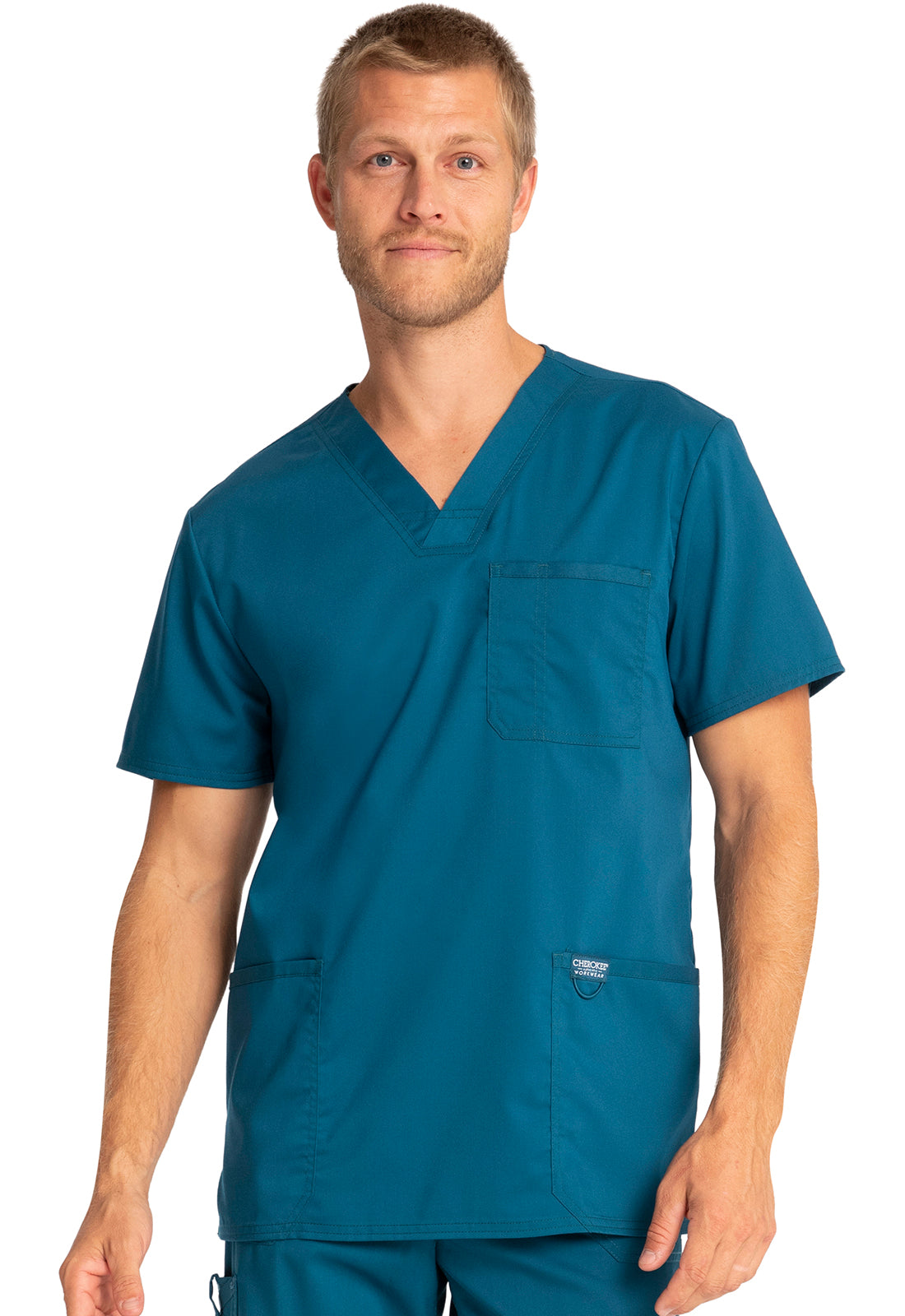 Revolution WW670 Men's V-Neck Top Caribbean Blue Model Image Front | Cherokee Workwear