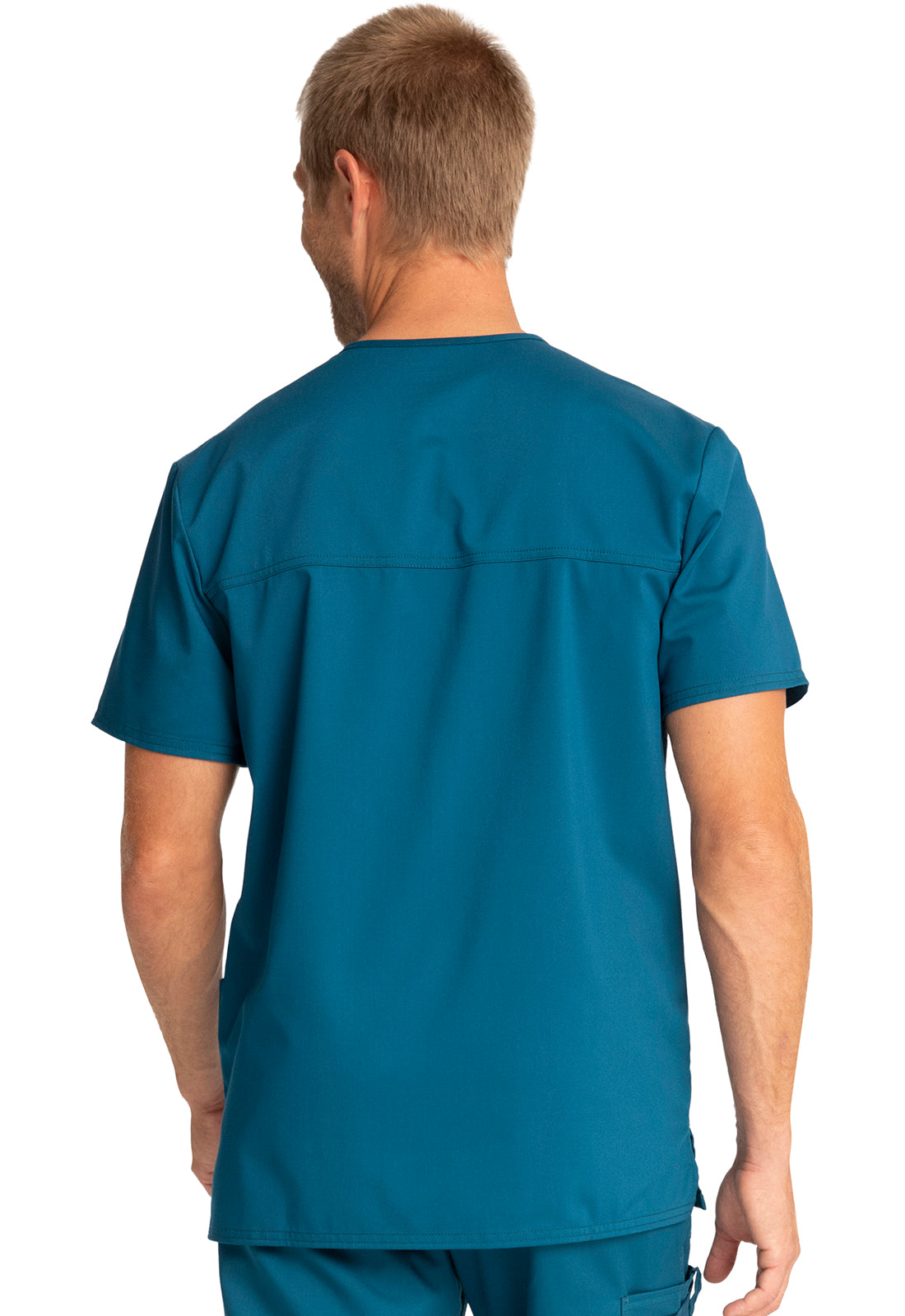 Revolution WW670 Men's V-Neck Top Caribbean Blue Model Image Back | Cherokee Workwear