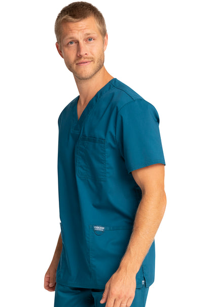 Revolution WW670 Men's V-Neck Top Caribbean Blue Model Image Right Side | Cherokee Workwear