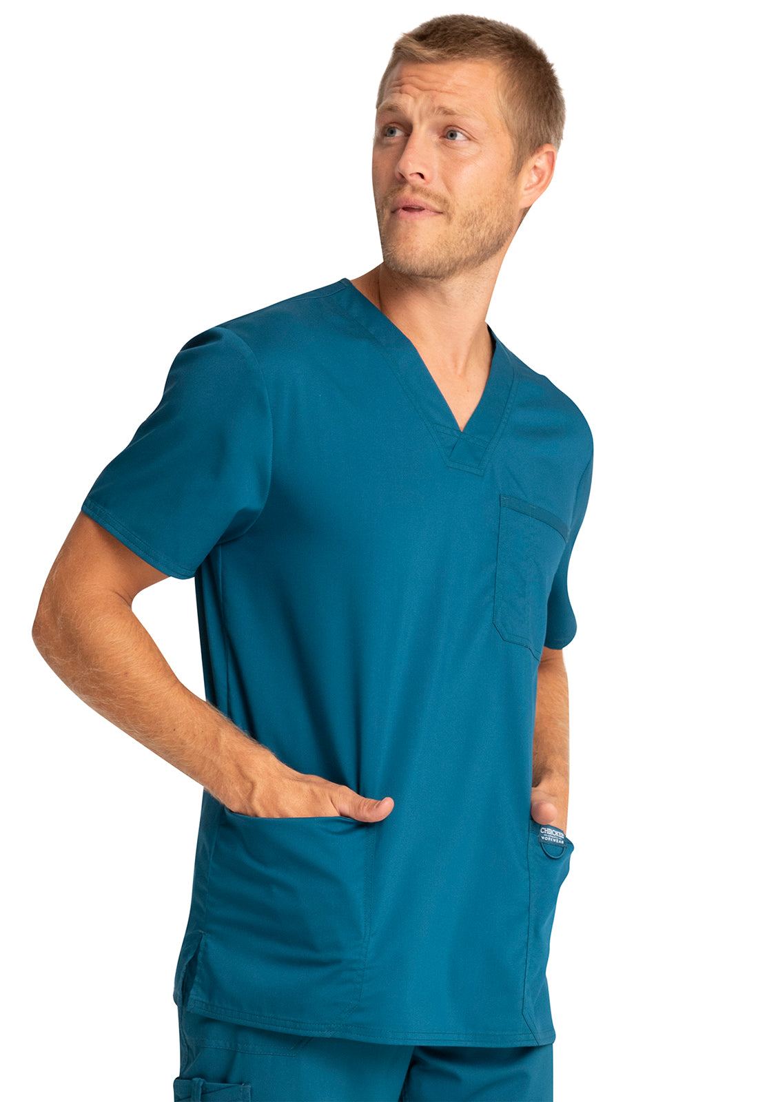 Revolution WW670 Men's V-Neck Top Caribbean Blue Model Image Left Side | Cherokee Workwear