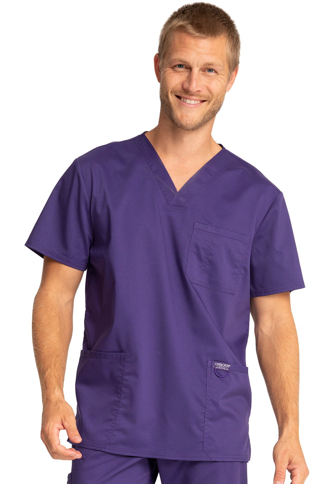 Revolution WW670 Men's V-Neck Top Grape Model Image Front | Cherokee Workwear