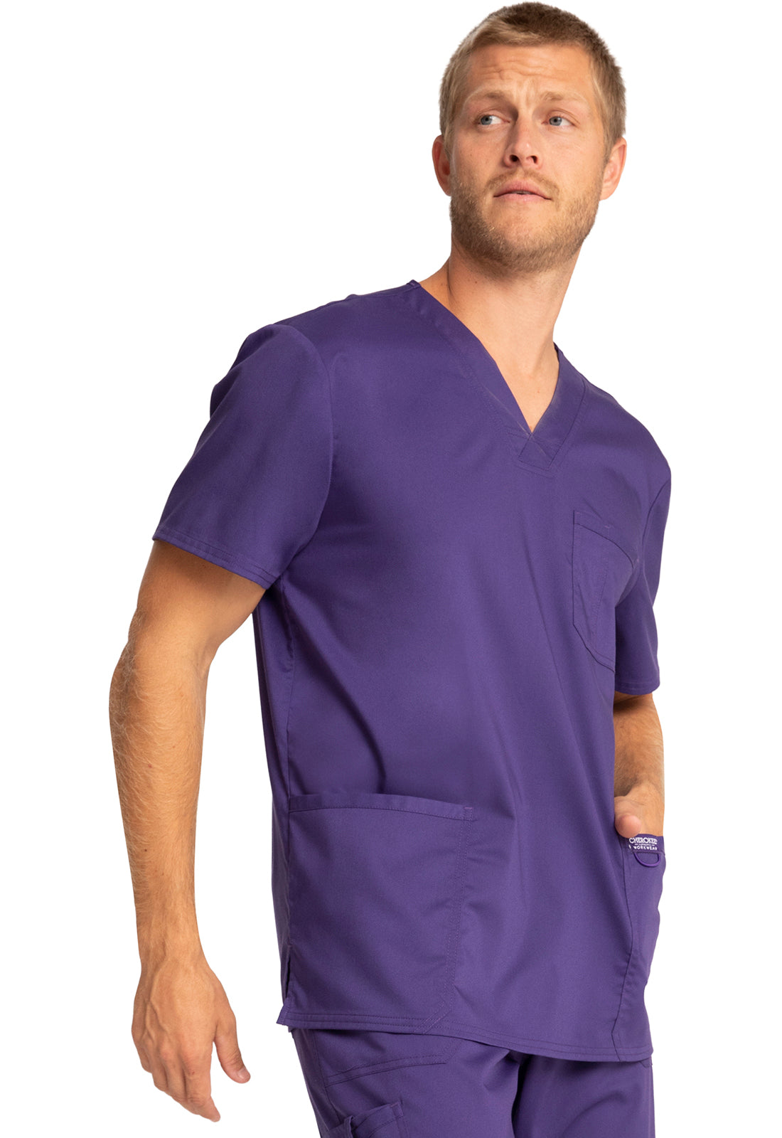 Revolution WW670 Men's V-Neck Top Grape Model Image Left Side | Cherokee Workwear