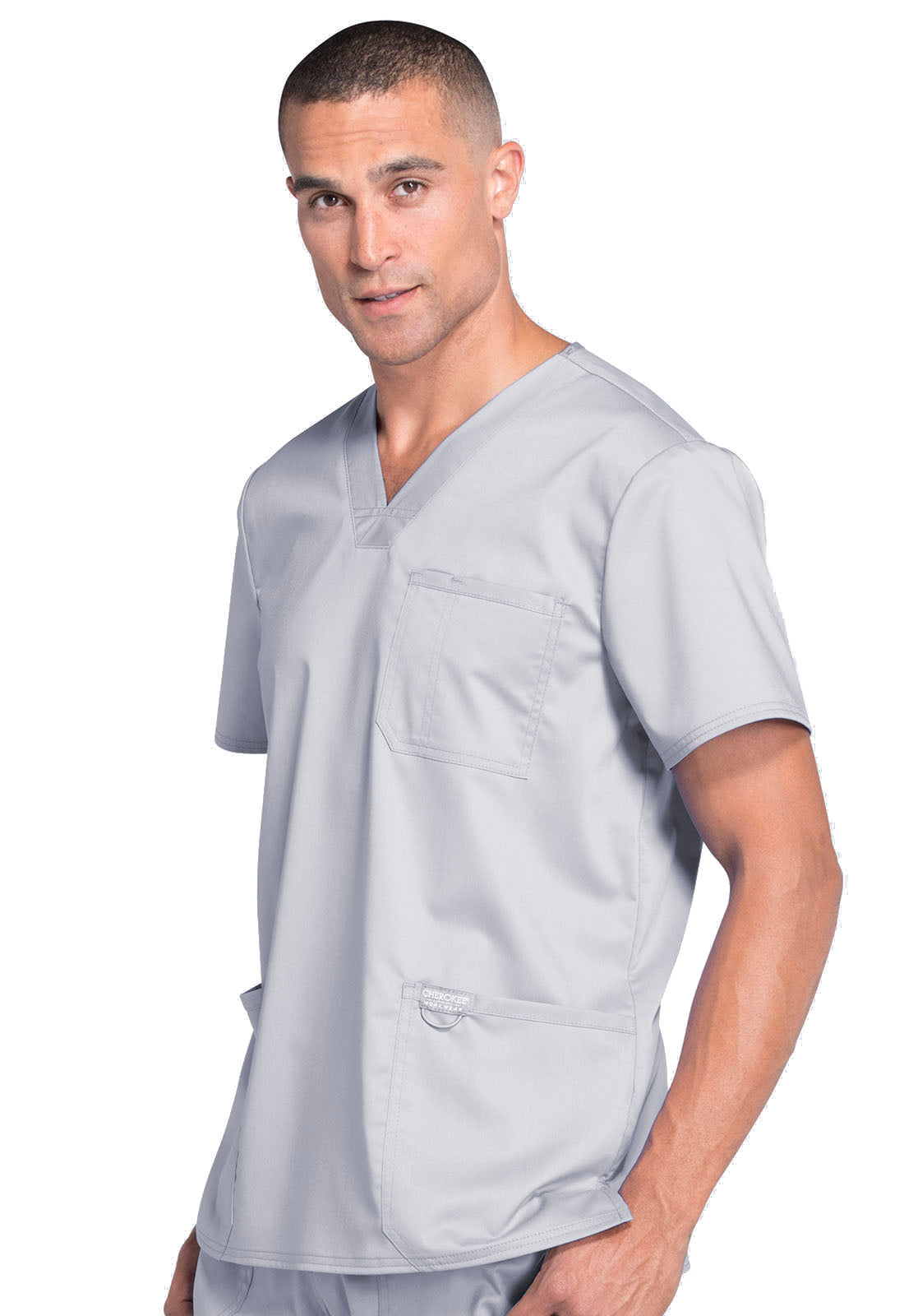 Revolution WW670 Men's V-Neck Top Grey Model Image Right Side | Cherokee Workwear