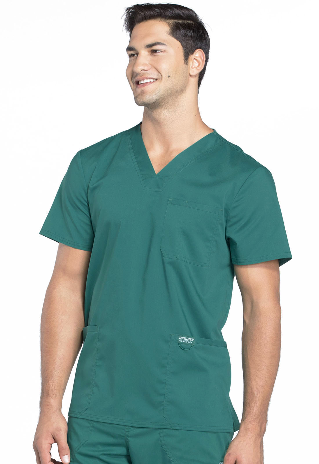 Revolution WW670 Men's V-Neck Top Hunter Green Model Image Right Side | Cherokee Workwear