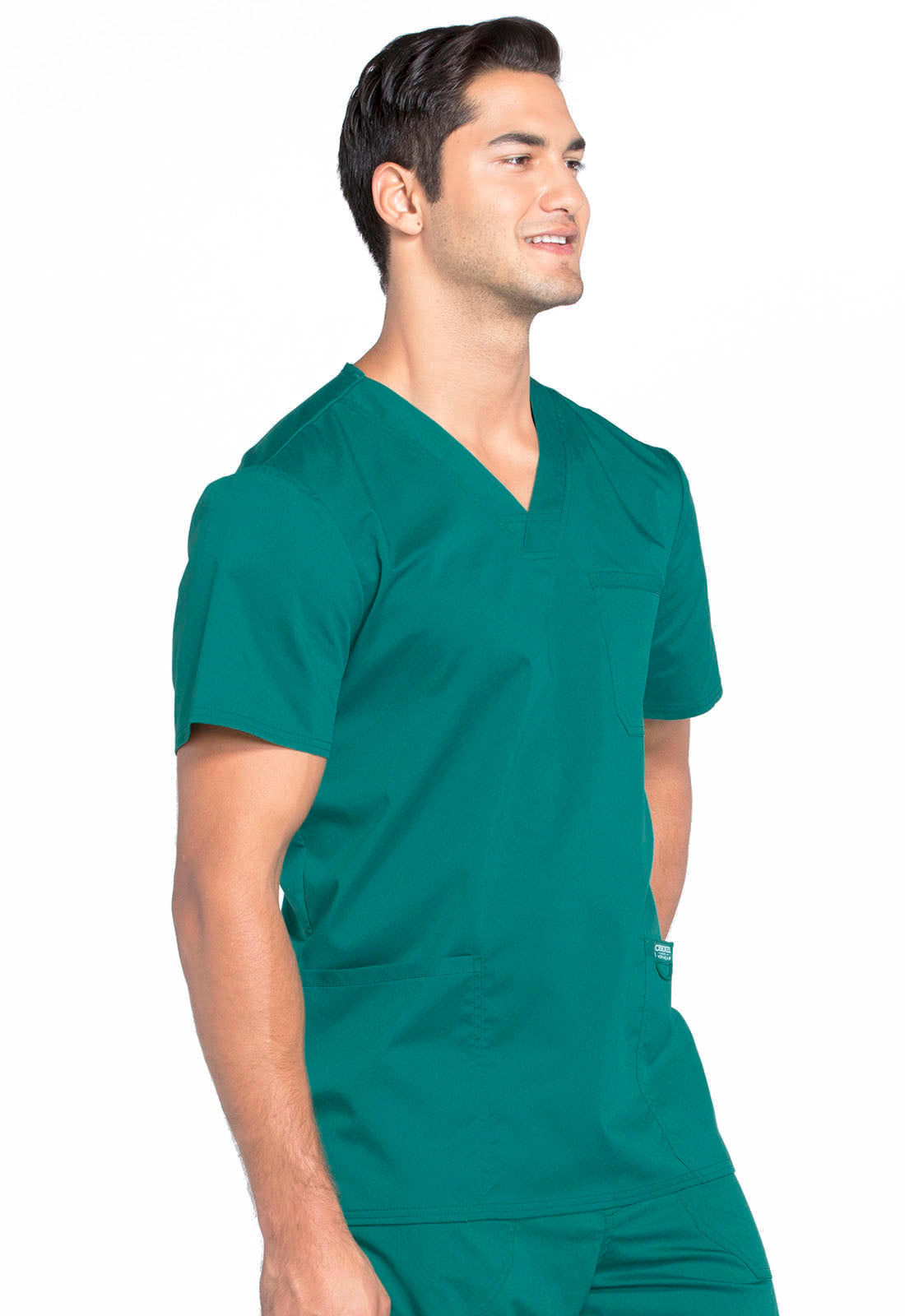 Revolution WW670 Men's V-Neck Top Hunter Green Model Image Left Side | Cherokee Workwear