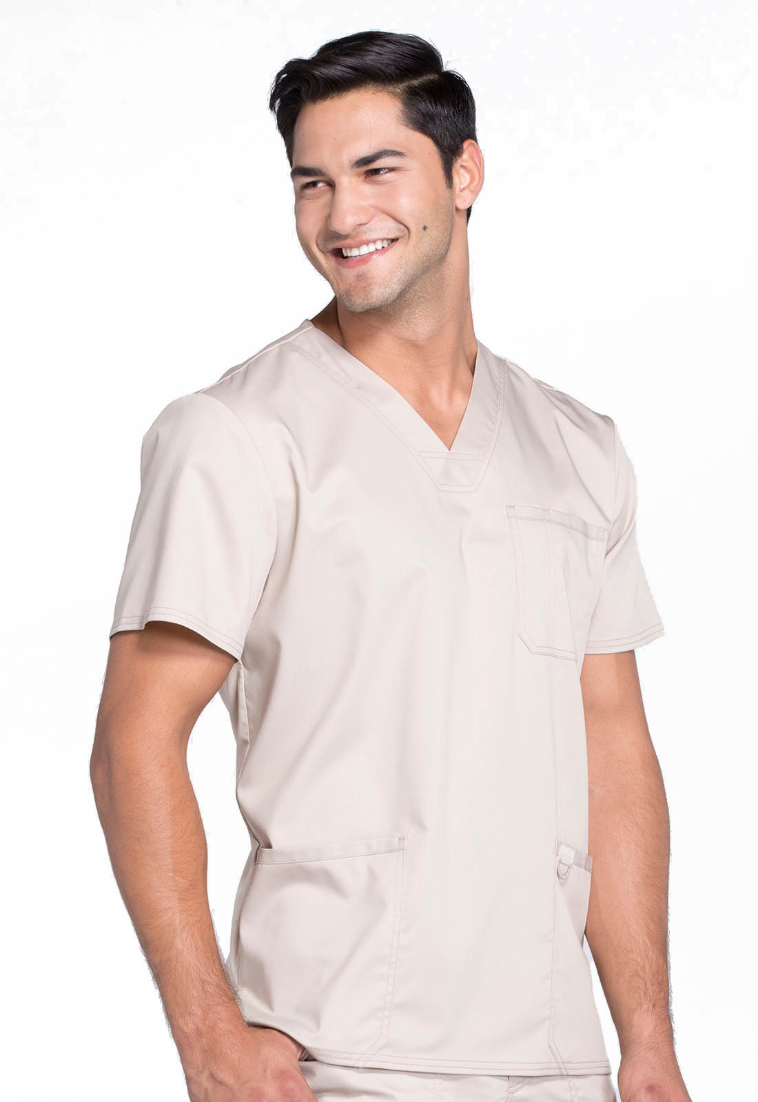 Revolution WW670 Men's V-Neck Top Khaki Model Image Left Side | Cherokee Workwear