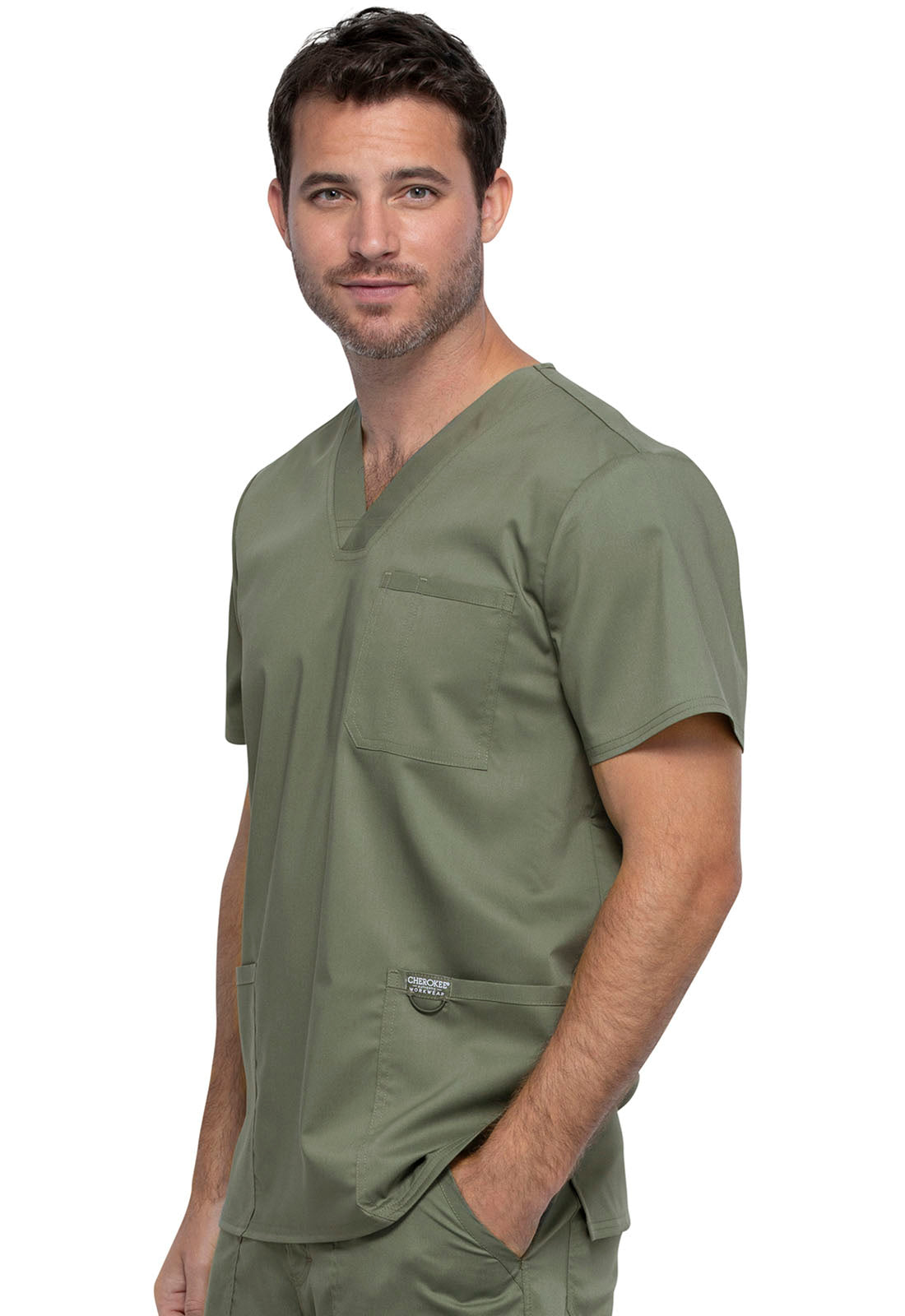 Revolution WW670 Men's V-Neck Top Olive Model Image Right Side | Cherokee Workwear