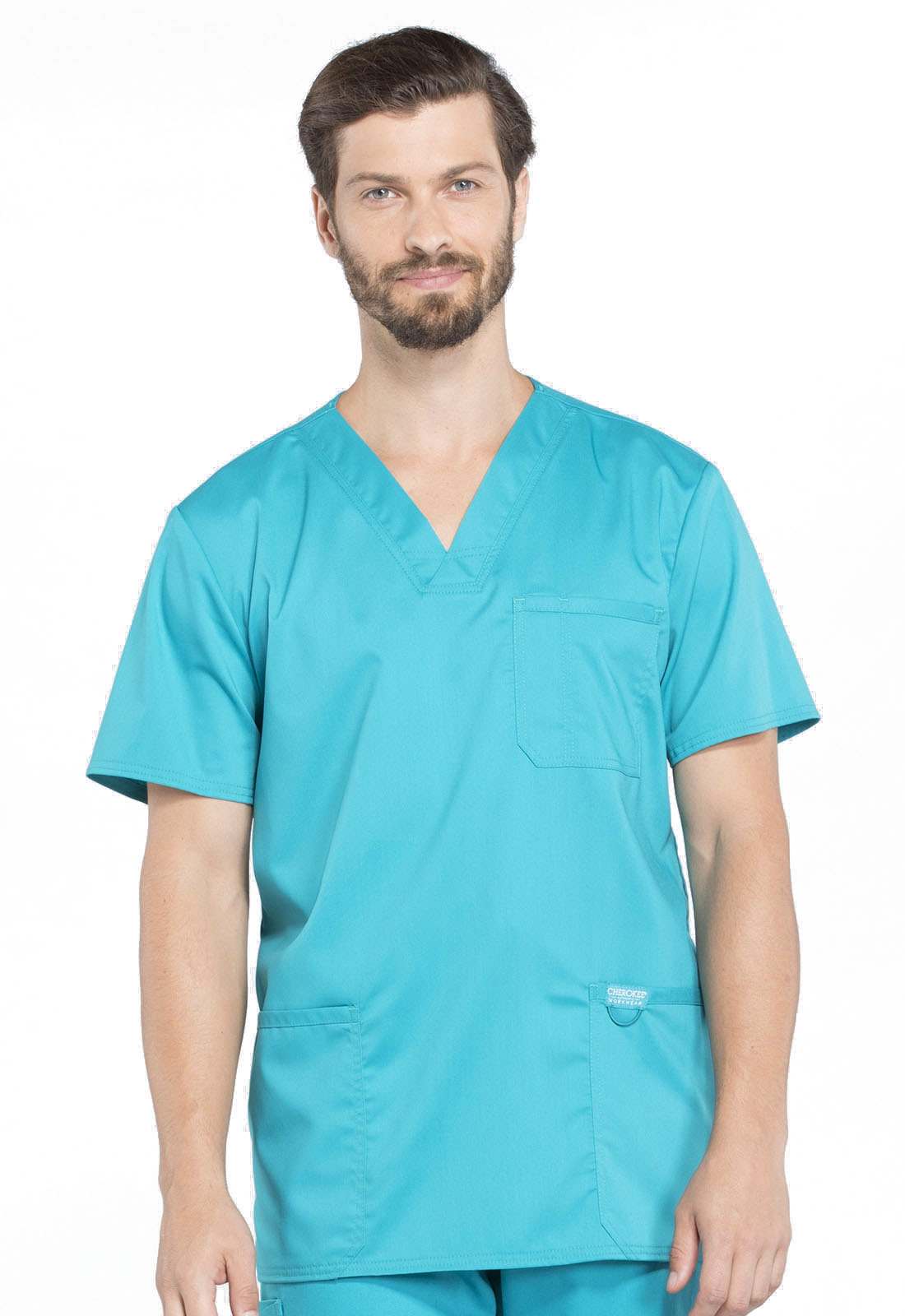 Revolution WW670 Men's V-Neck Top Teal Blue Model Image Front | Cherokee Workwear