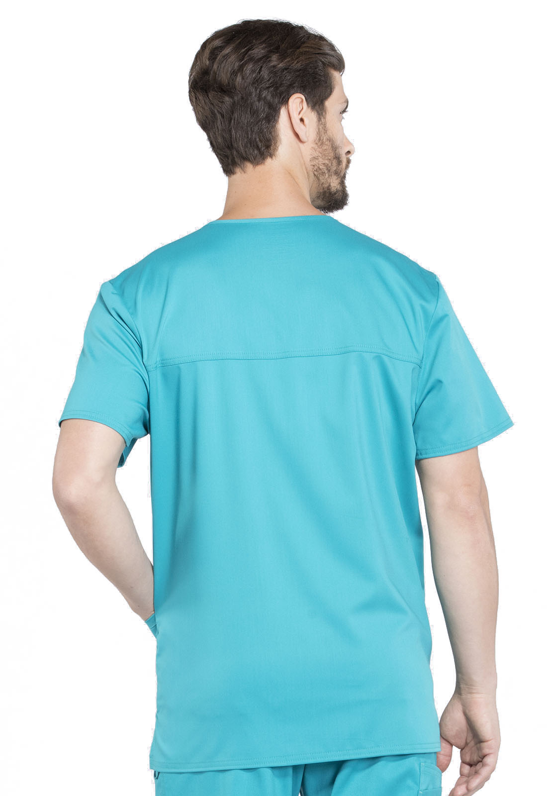 Revolution WW670 Men's V-Neck Top Teal Blue Model Image Back | Cherokee Workwear