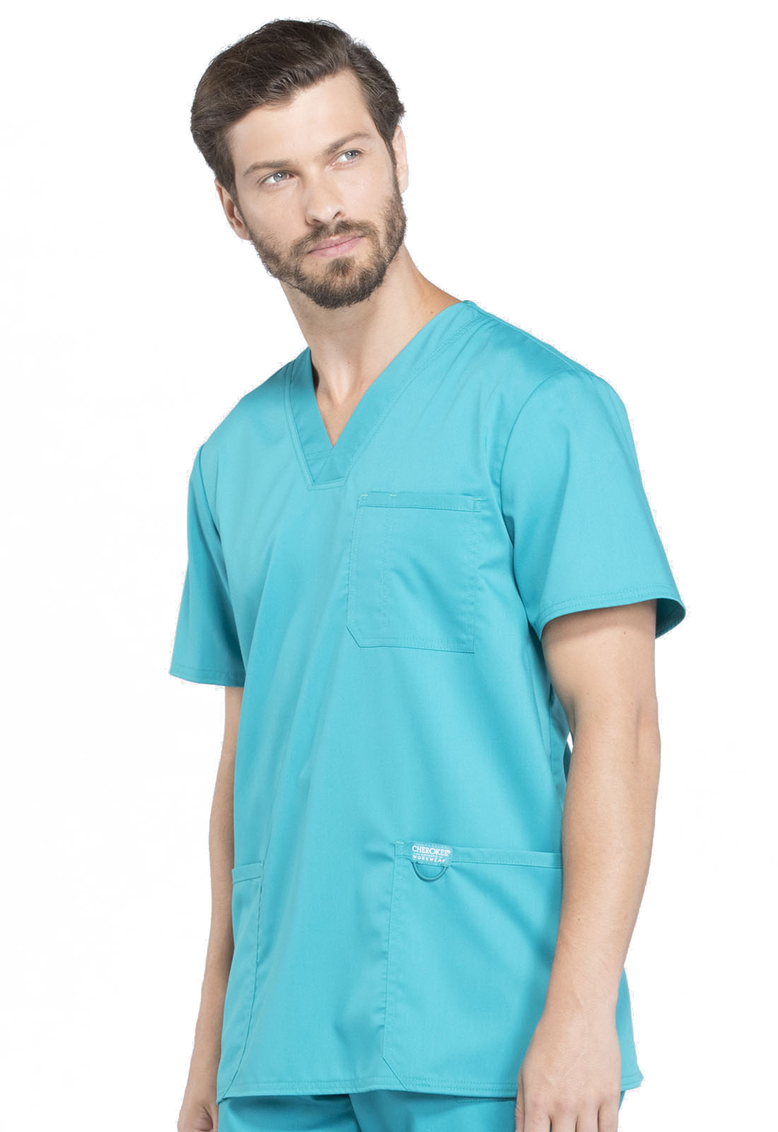 Revolution WW670 Men's V-Neck Top Teal Blue Model Image Right Side | Cherokee Workwear