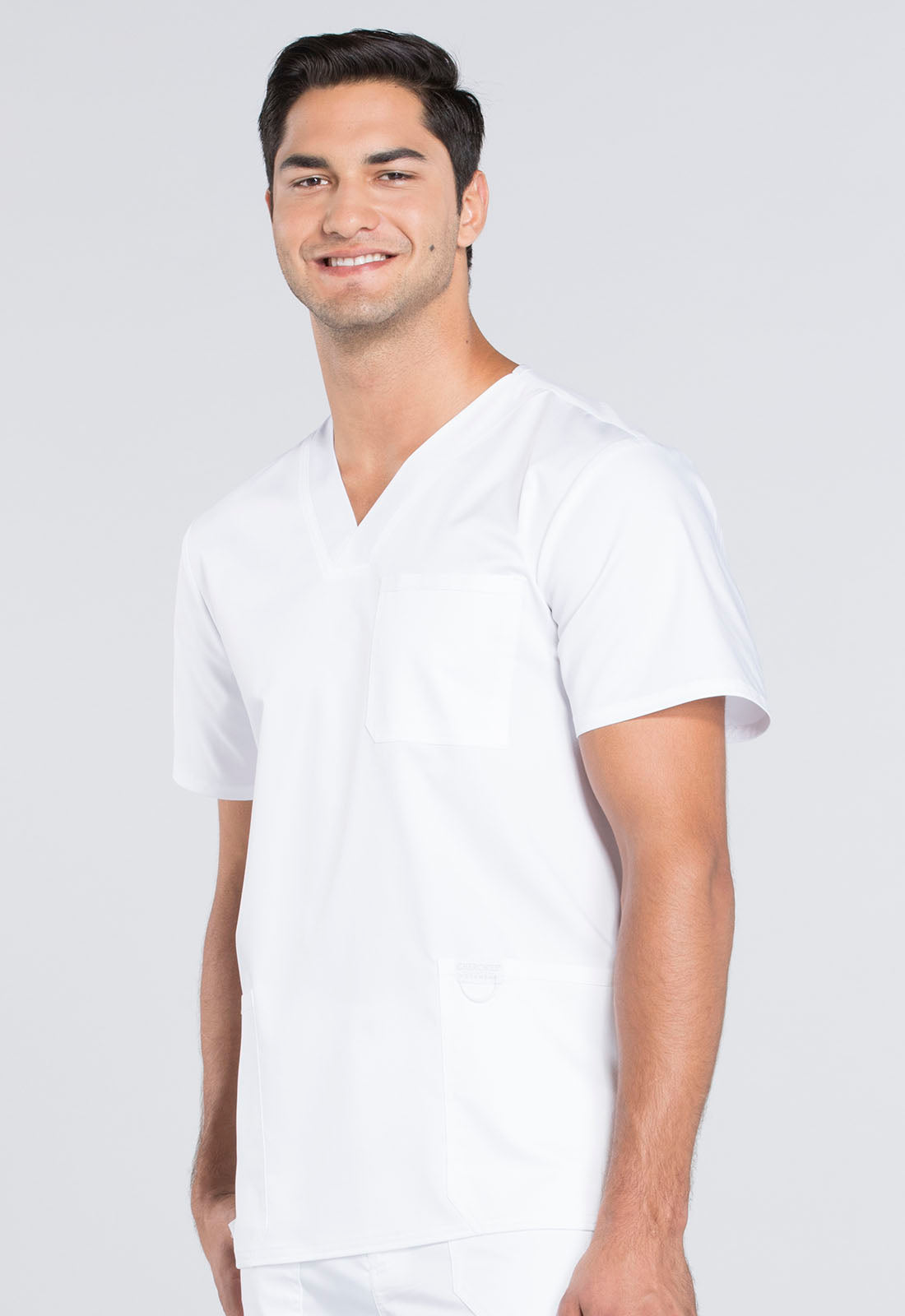 Revolution WW670 Men's V-Neck Top White Model Image Right Side | Cherokee Workwear