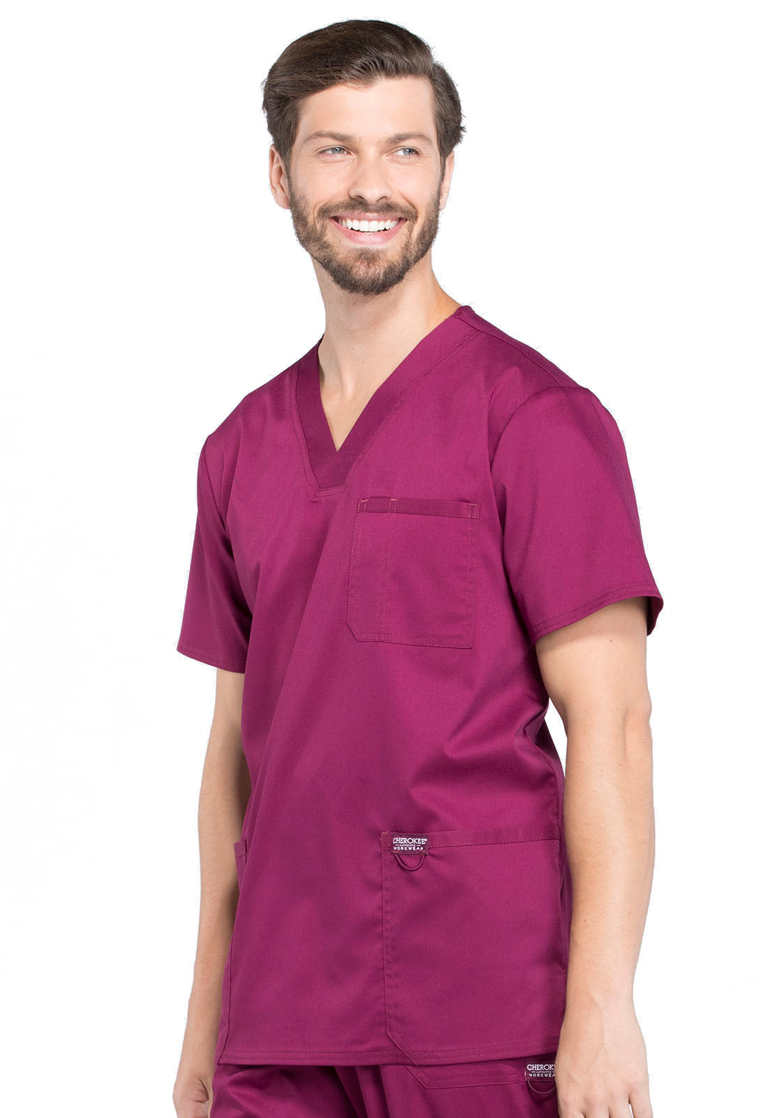 Revolution WW670 Men's V-Neck Top Wine Model Image Right Side | Cherokee Workwear