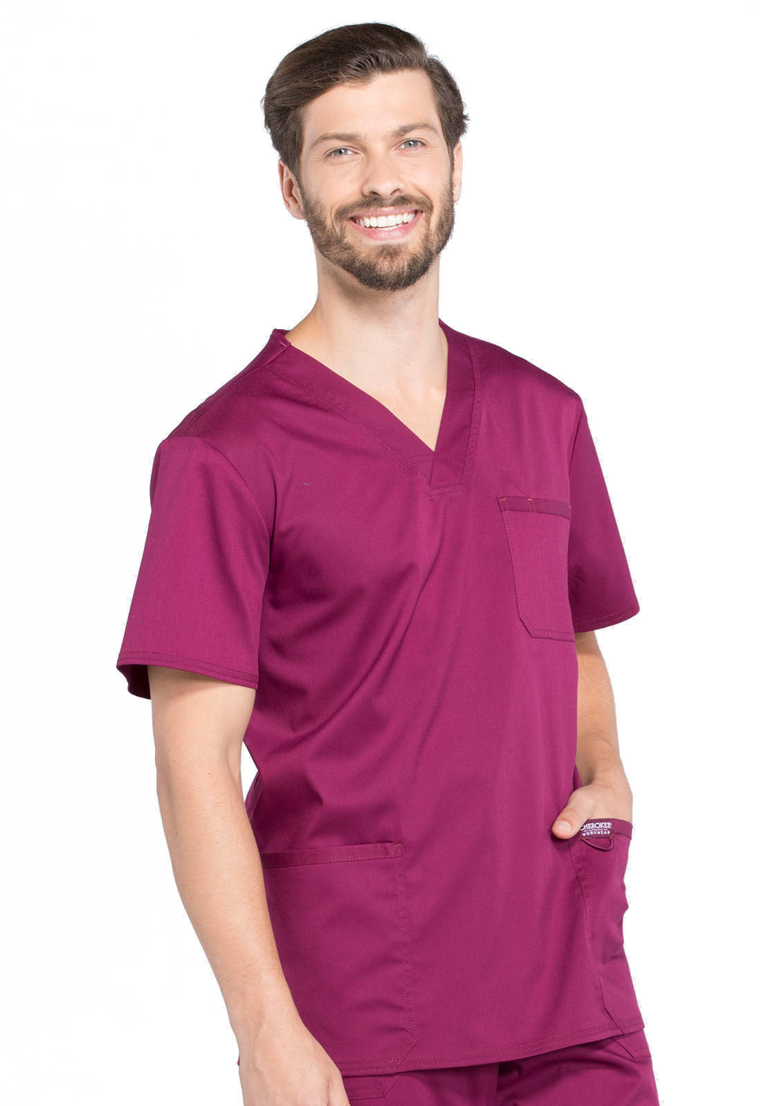 Revolution WW670 Men's V-Neck Top Wine Model Image Left Side | Cherokee Workwear