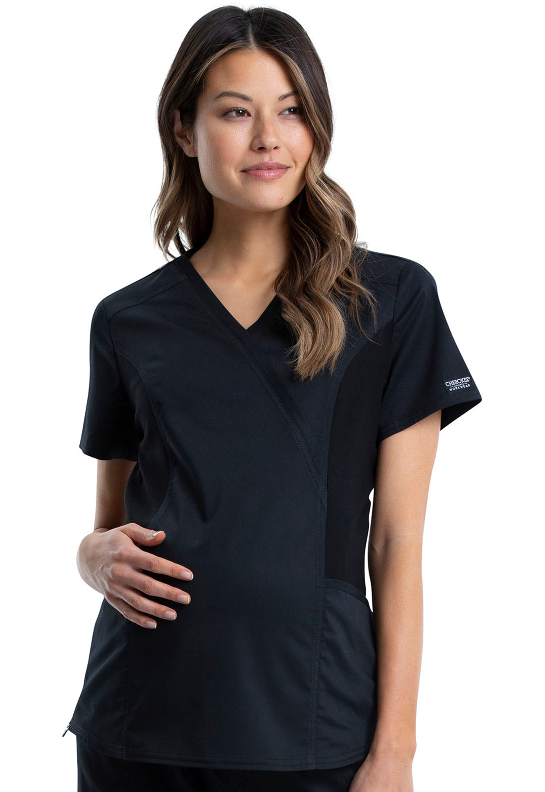 Revolution WW688 Maternity Mock Wrap Top Black Model Image Front | Cherokee Workwear