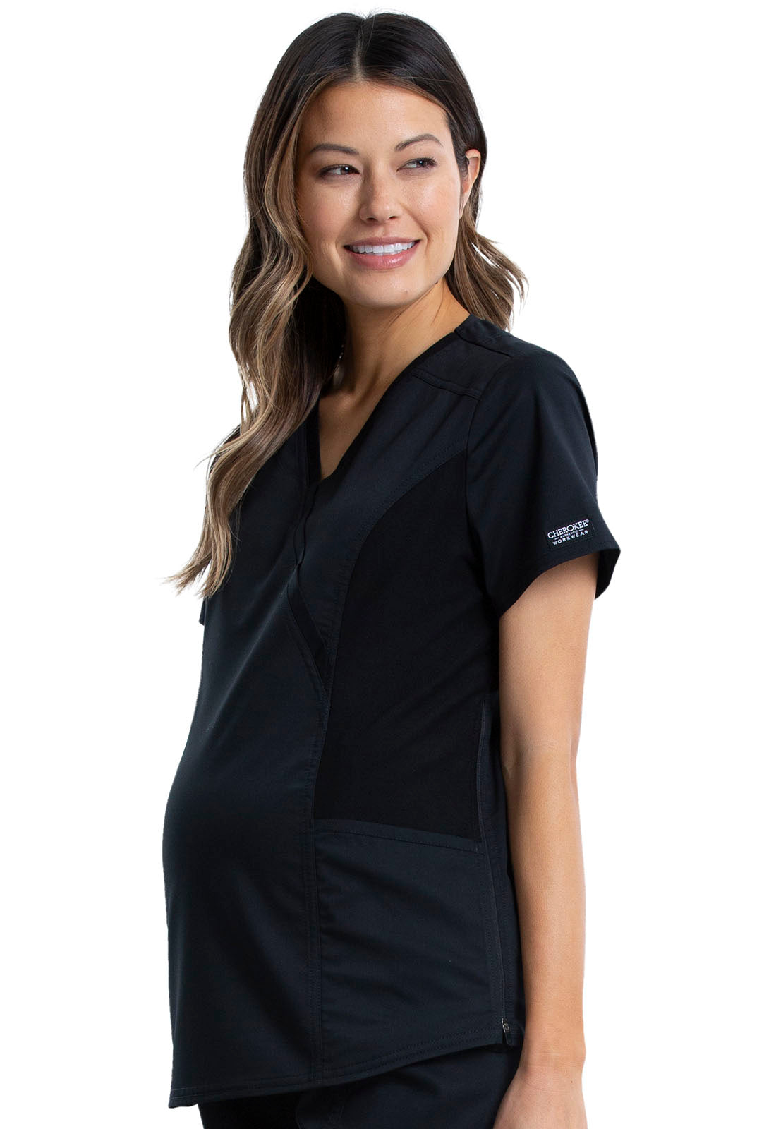 Revolution WW688 Maternity Mock Wrap Top Black Model Image Right Side | Cherokee Workwear