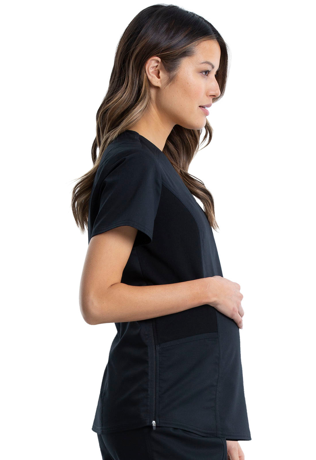 Revolution WW688 Maternity Mock Wrap Top Black Model Image Left Side | Cherokee Workwear