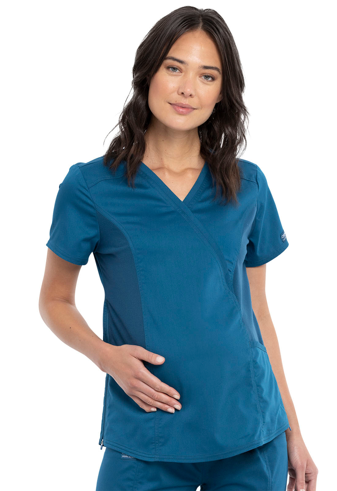 Revolution WW688 Maternity Mock Wrap Top Caribbean Blue Model Image Front | Cherokee Workwear