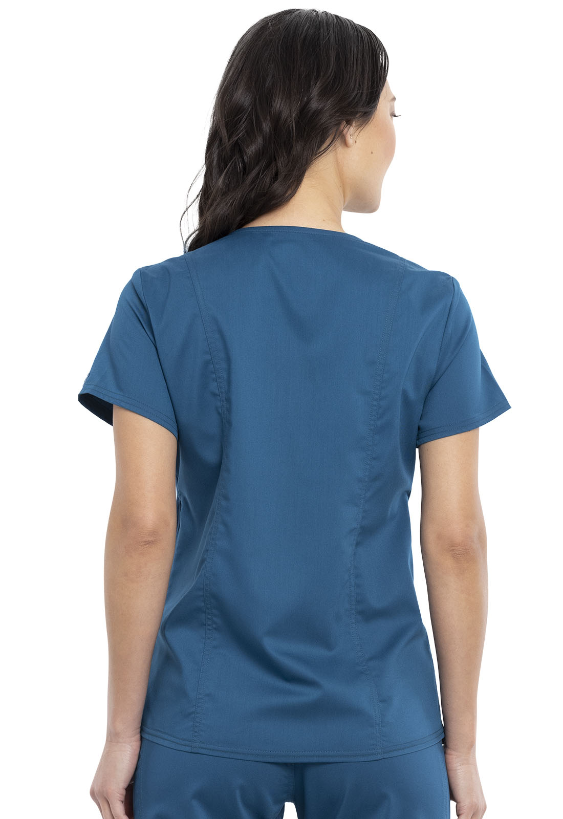 Revolution WW688 Maternity Mock Wrap Top Caribbean Blue Model Image Back | Cherokee Workwear