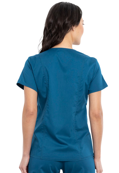 Revolution WW688 Maternity Mock Wrap Top Caribbean Blue Model Image Back | Cherokee Workwear