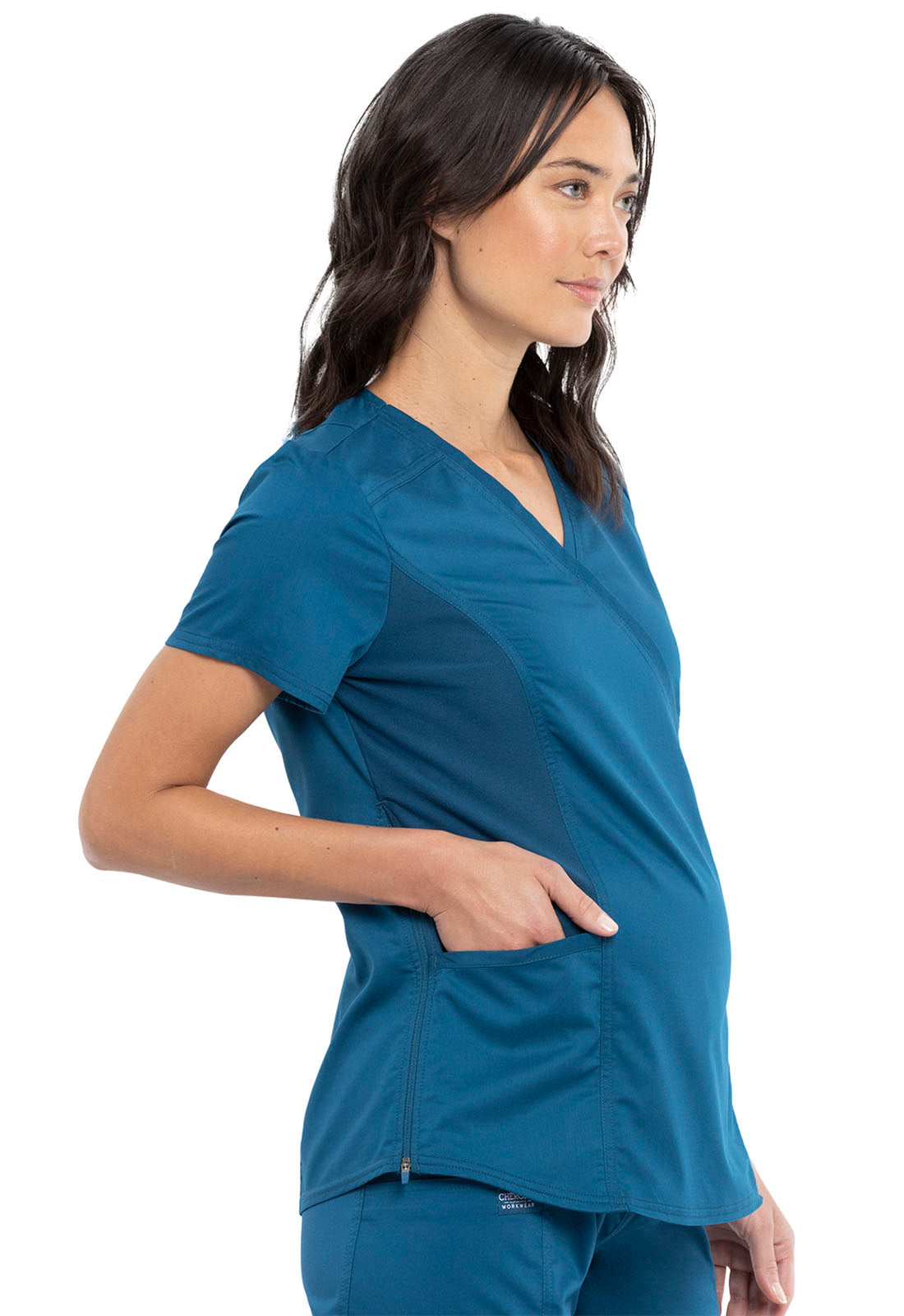 Revolution WW688 Maternity Mock Wrap Top Caribbean Blue Model Image Left Side | Cherokee Workwear