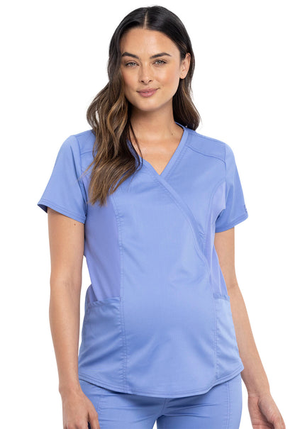 Revolution WW688 Maternity Mock Wrap Top Ciel Model Image Front | Cherokee Workwear