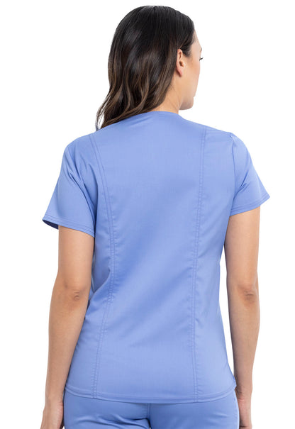 Revolution WW688 Maternity Mock Wrap Top Ciel Model Image Back | Cherokee Workwear