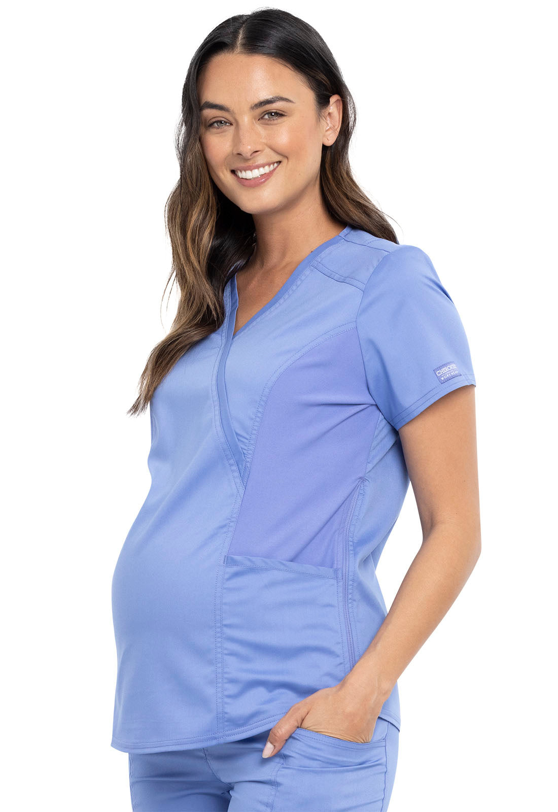 Revolution WW688 Maternity Mock Wrap Top Ciel Model Image Right Side | Cherokee Workwear