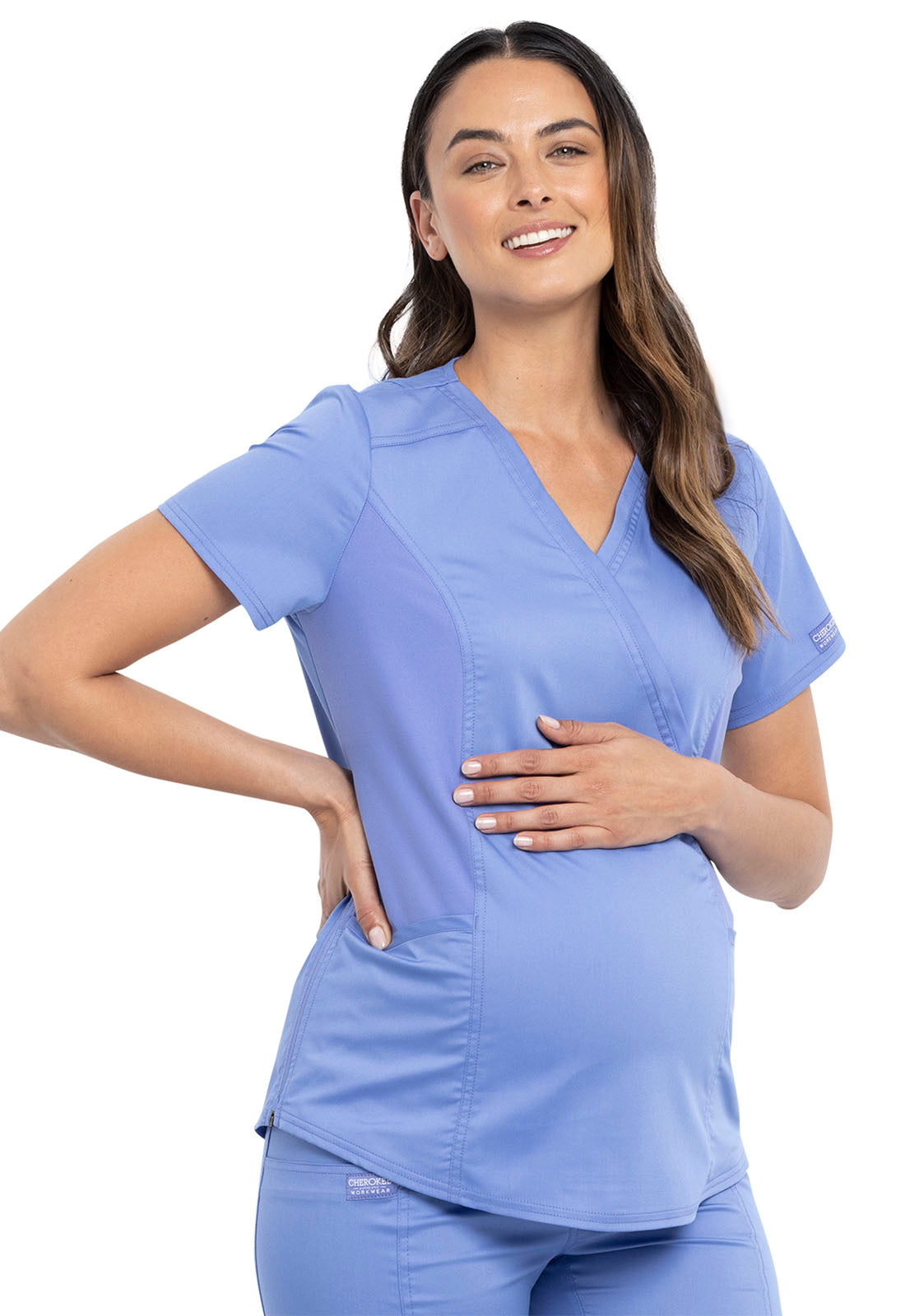 Revolution WW688 Maternity Mock Wrap Top Ciel Model Image Left Side | Cherokee Workwear