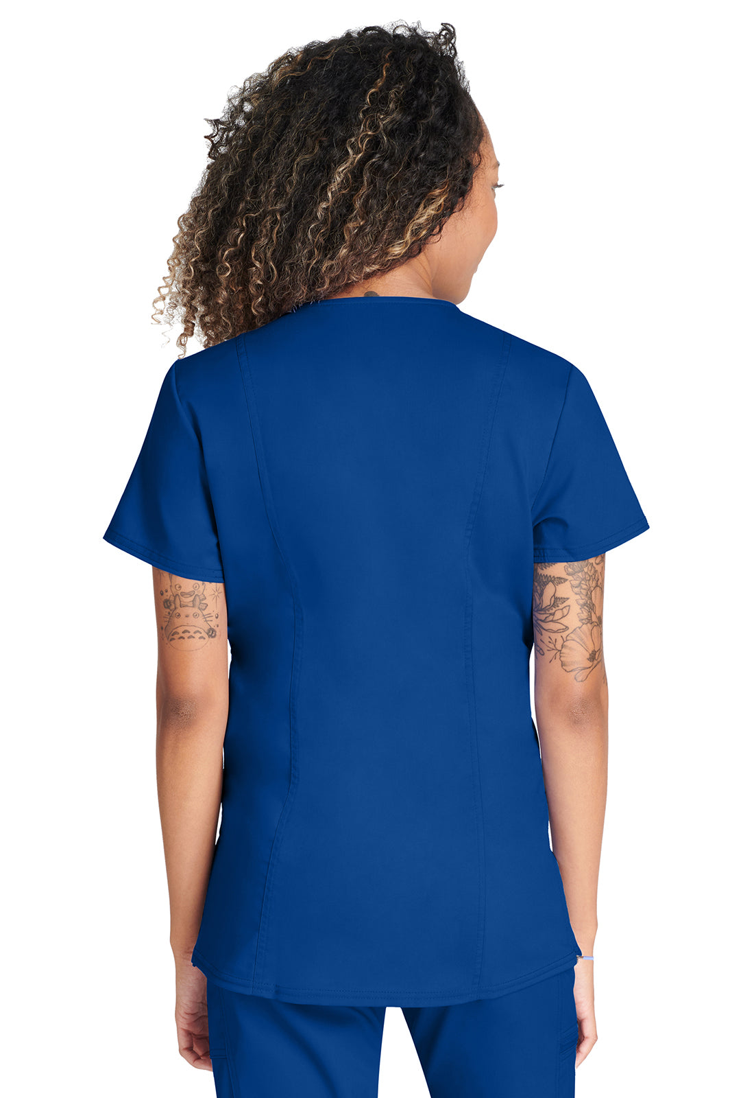 Revolution WW688 Maternity Mock Wrap Top Galaxy Blue Model Image Back | Cherokee Workwear