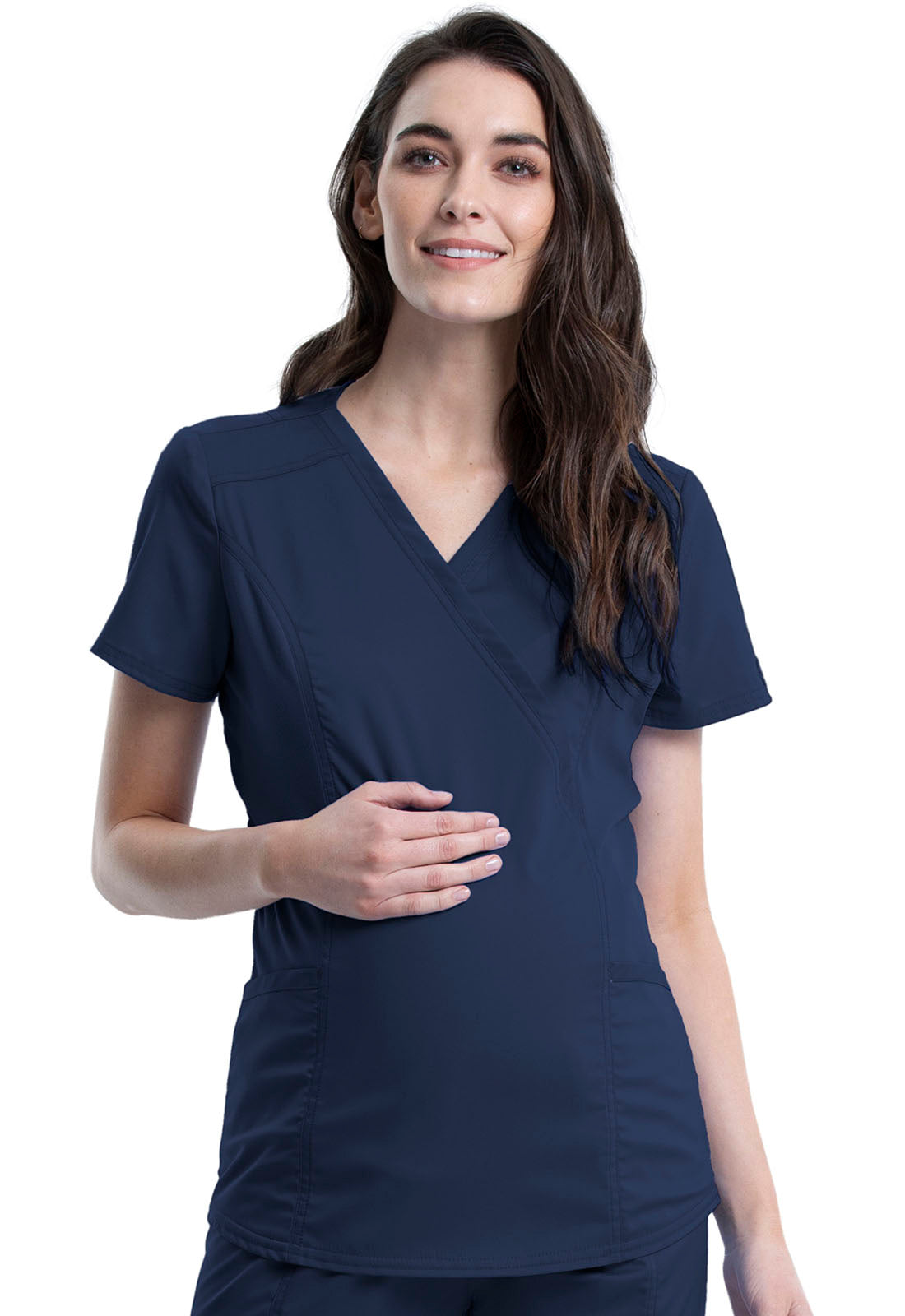 Revolution WW688 Maternity Mock Wrap Top Navy Model Image Front | Cherokee Workwear