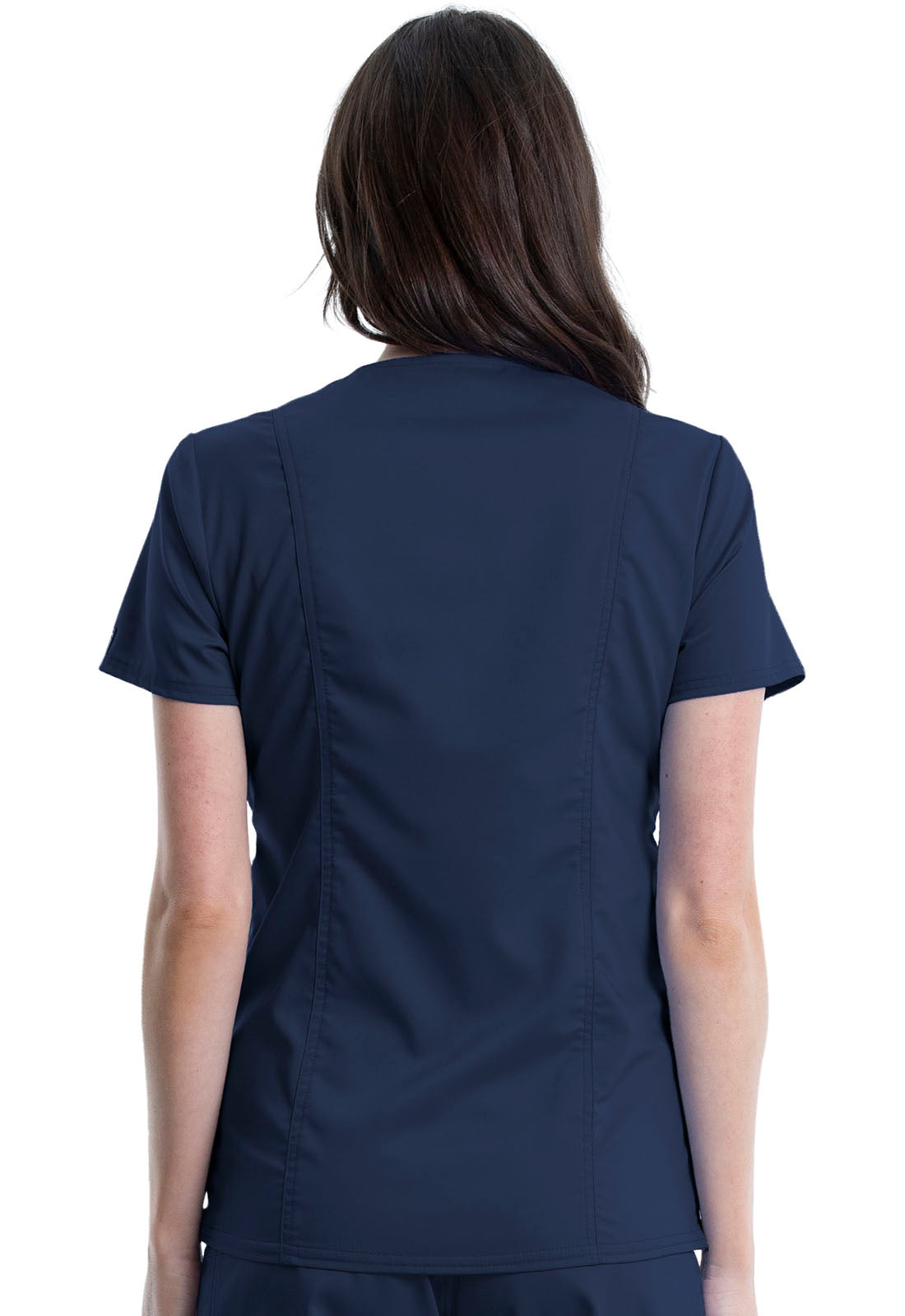 Revolution WW688 Maternity Mock Wrap Top Navy Model Image Back | Cherokee Workwear