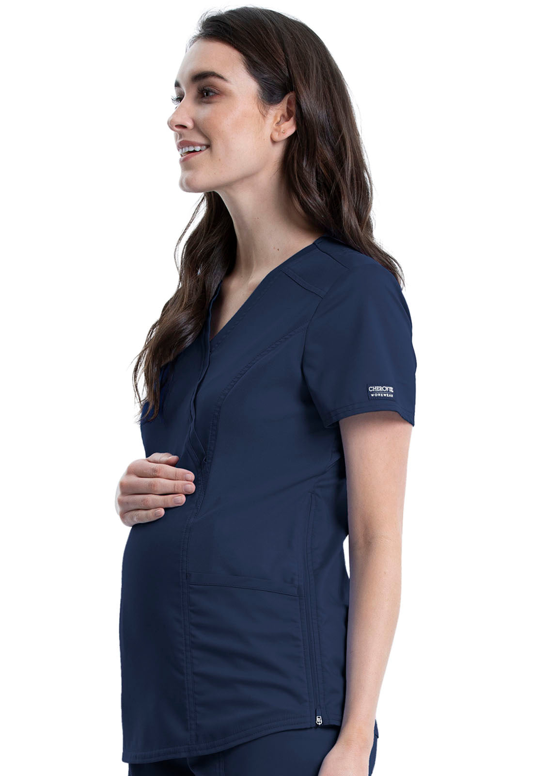 Revolution WW688 Maternity Mock Wrap Top Navy Model Image Right Side | Cherokee Workwear