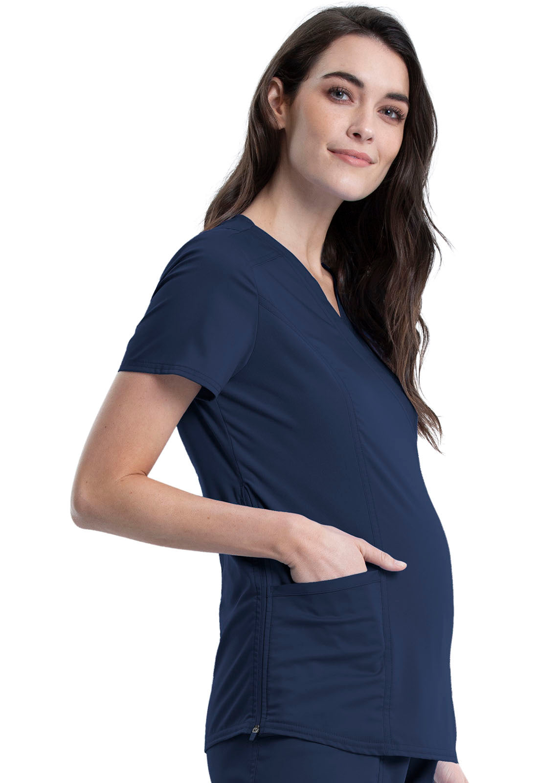 Revolution WW688 Maternity Mock Wrap Top Navy Model Image Left Side | Cherokee Workwear