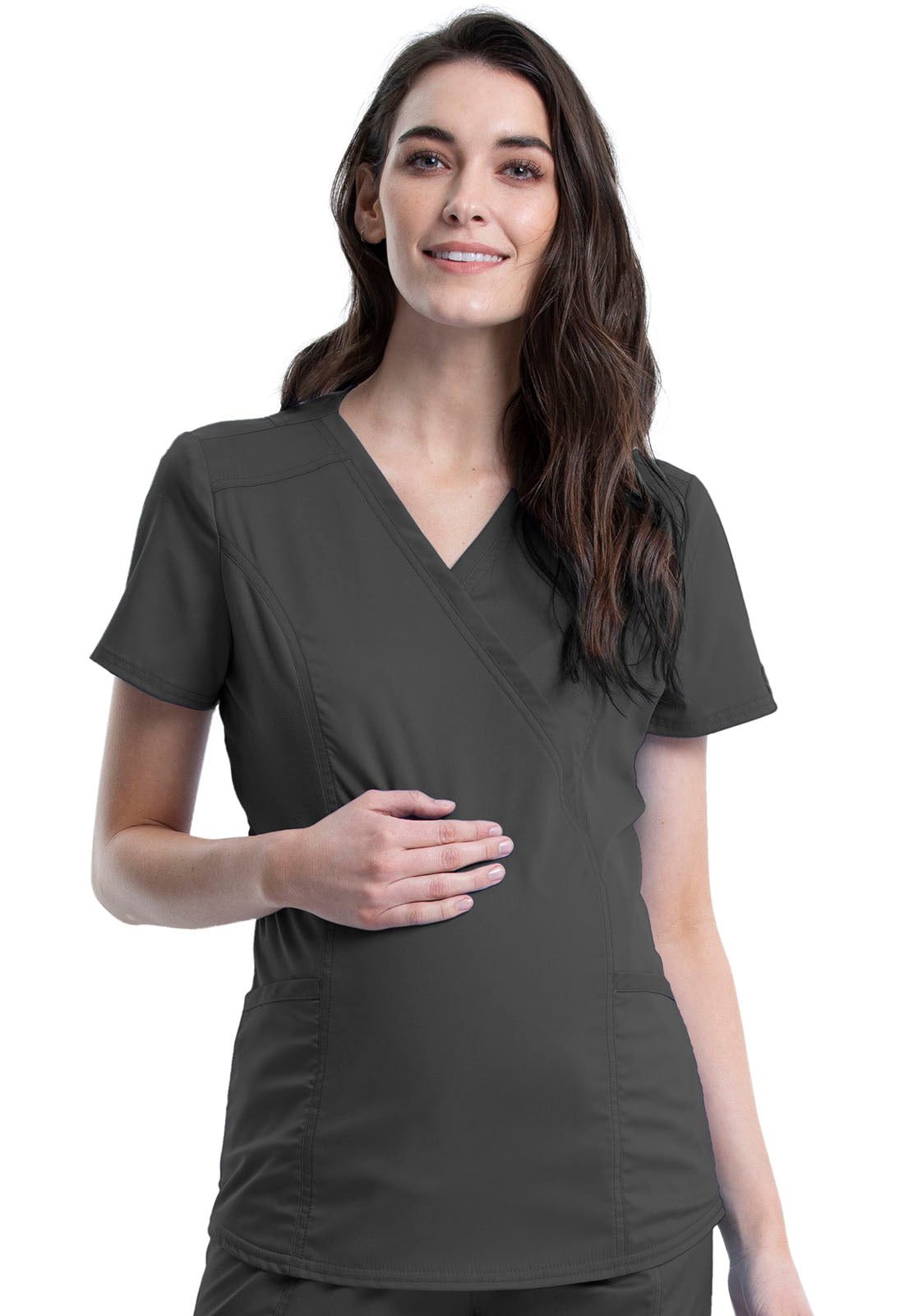 Revolution WW688 Maternity Mock Wrap Top Pewter Model Image Front | Cherokee Workwear