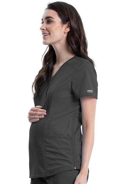 Revolution WW688 Maternity Mock Wrap Top Pewter Model Image Right Side | Cherokee Workwear