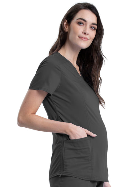 Revolution WW688 Maternity Mock Wrap Top Pewter Model Image Left Side | Cherokee Workwear