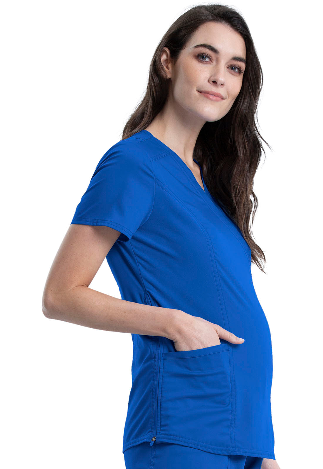 Revolution WW688 Maternity Mock Wrap Top Royal Model Image Left Side | Cherokee Workwear