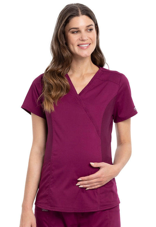 Revolution WW688 Maternity Mock Wrap Top Wine Model Image Front | Cherokee Workwear