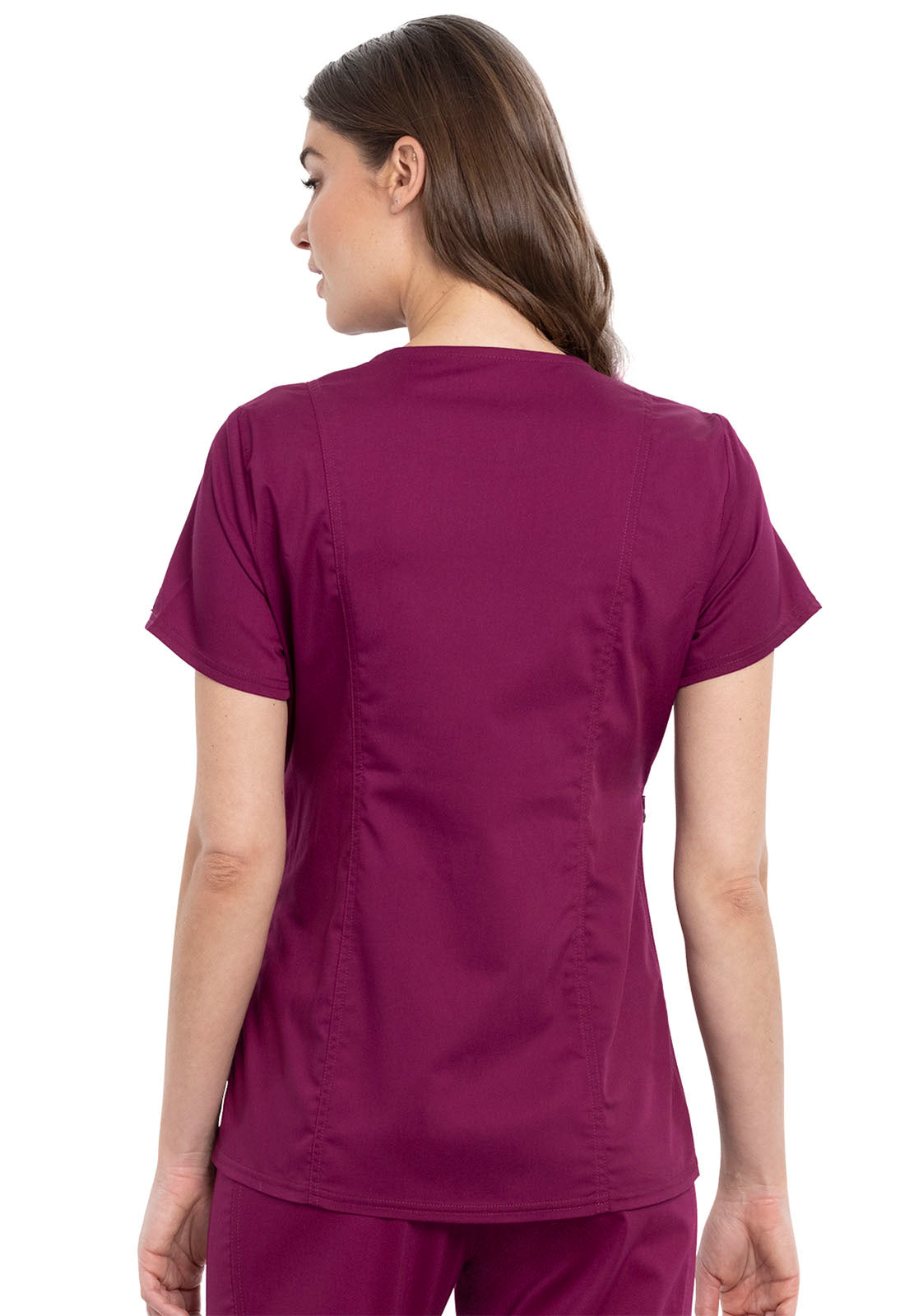 Revolution WW688 Maternity Mock Wrap Top Wine Model Image Back | Cherokee Workwear