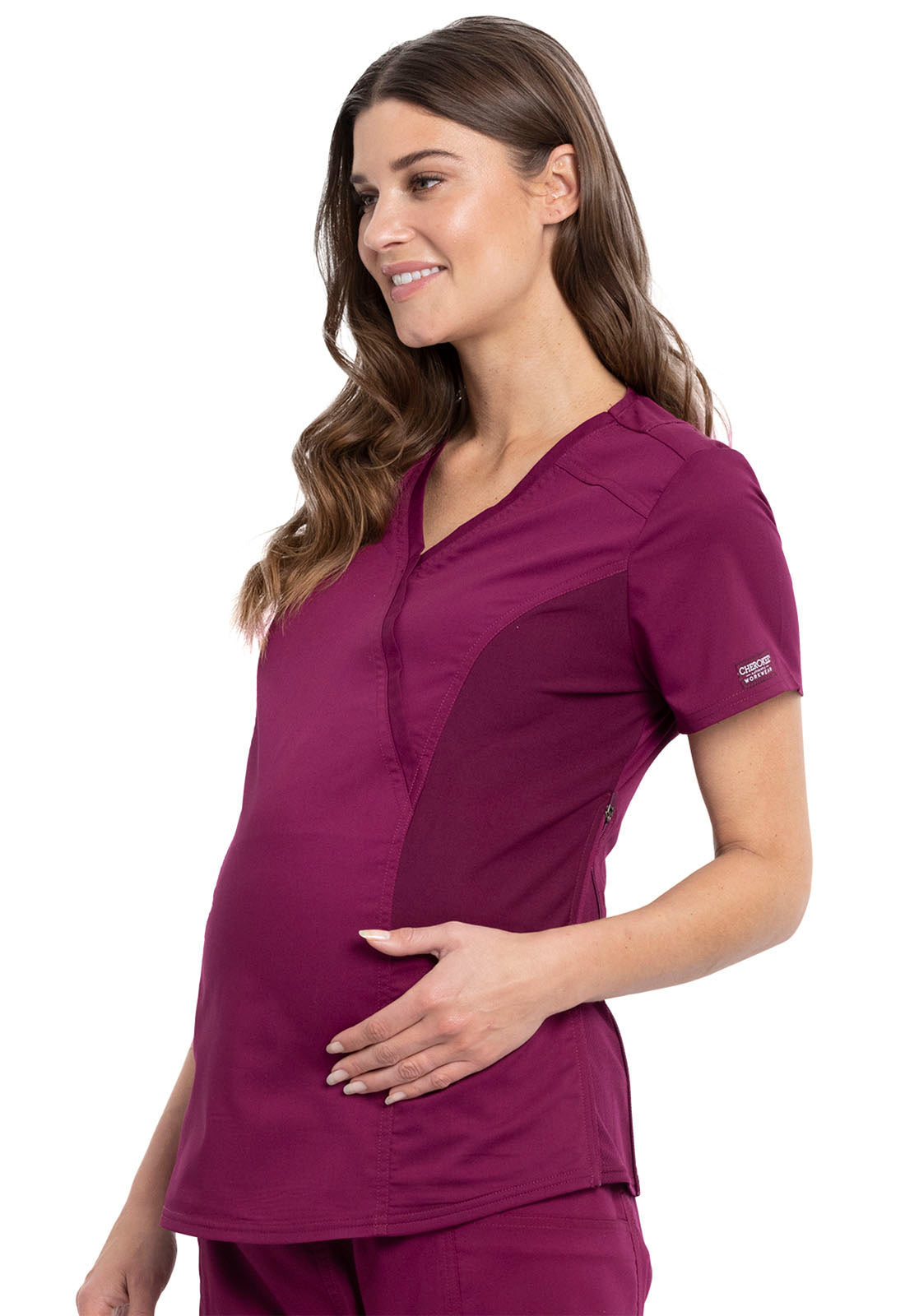 Revolution WW688 Maternity Mock Wrap Top Wine Model Image Right Side | Cherokee Workwear